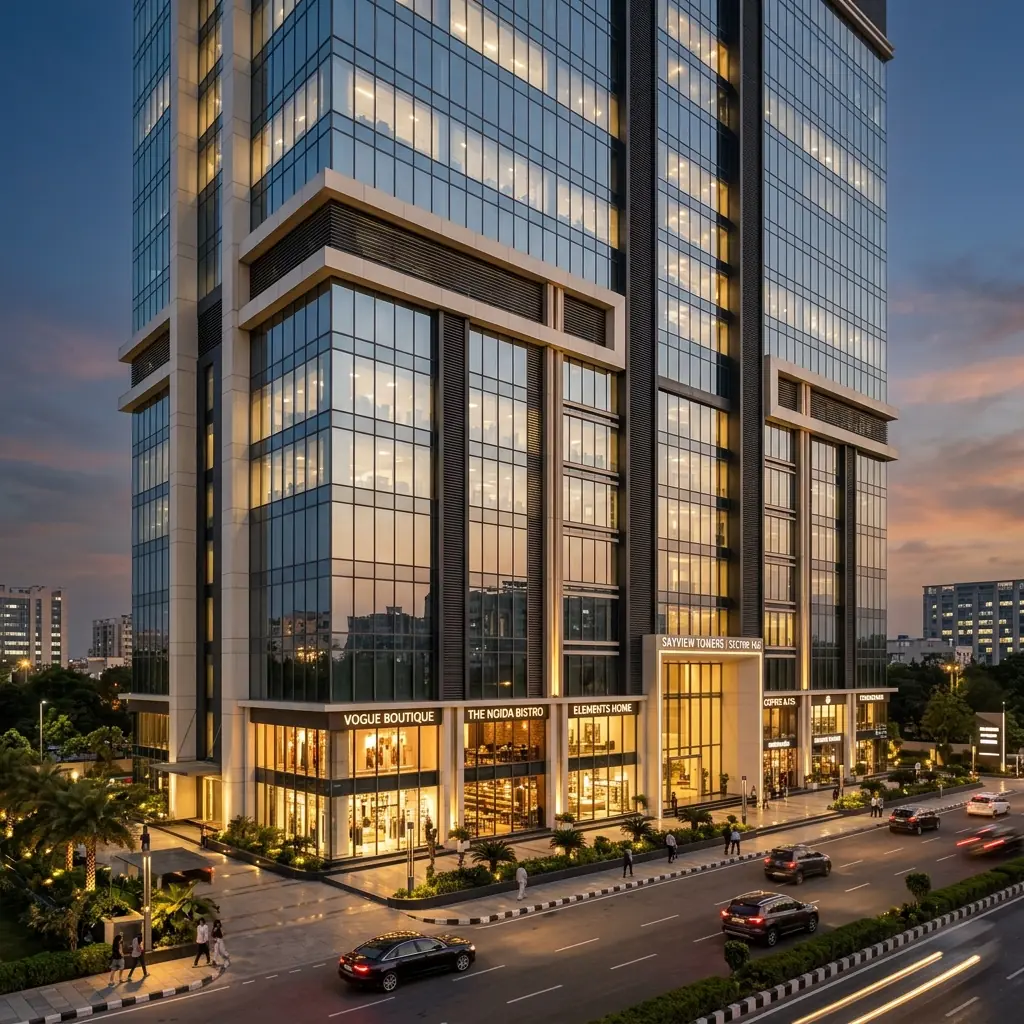 Premium commercial towers at dusk